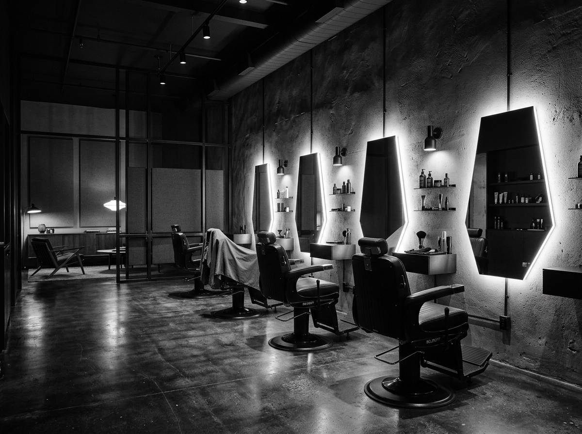 Mega Men's Salon luxury interior with leather barber chairs and vanity lighting